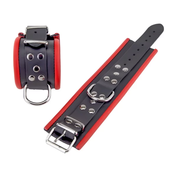Red Leather Restraint Cuffs Red/Black Adjustable 25 cm