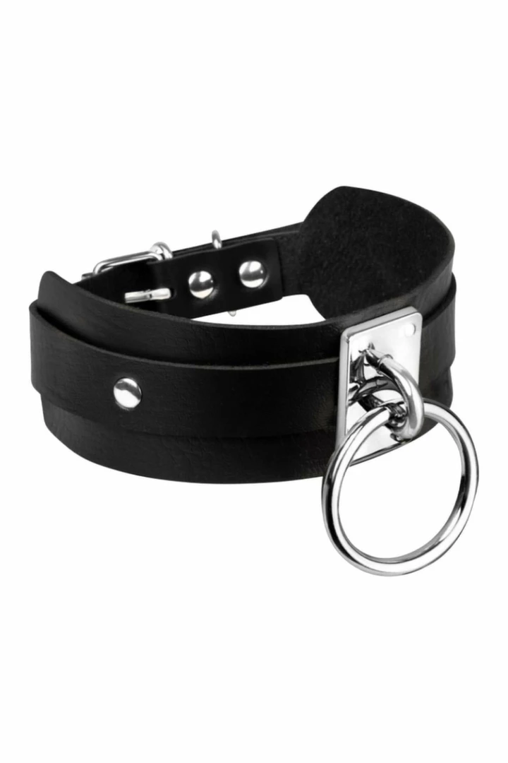 KINKY DIVA O-Ring Collar Black/Silver Vegan Leather