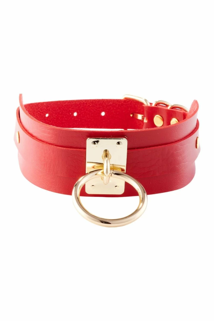 KINKY DIVA O-Ring Collar Red/Gold Vegan Leather Adjustable