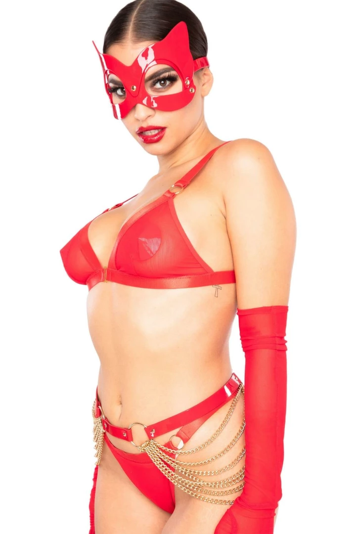 Kinky Diva Cat Mask Red - maska kotka z eko-skory