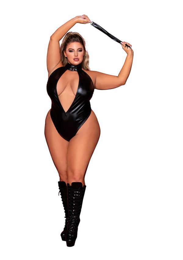 Stretch faux-leather halter teddy with studded collar and removable flogger accessoryCollar with silver stud and ring details and Velcro-back neck closurePlunging neckline/