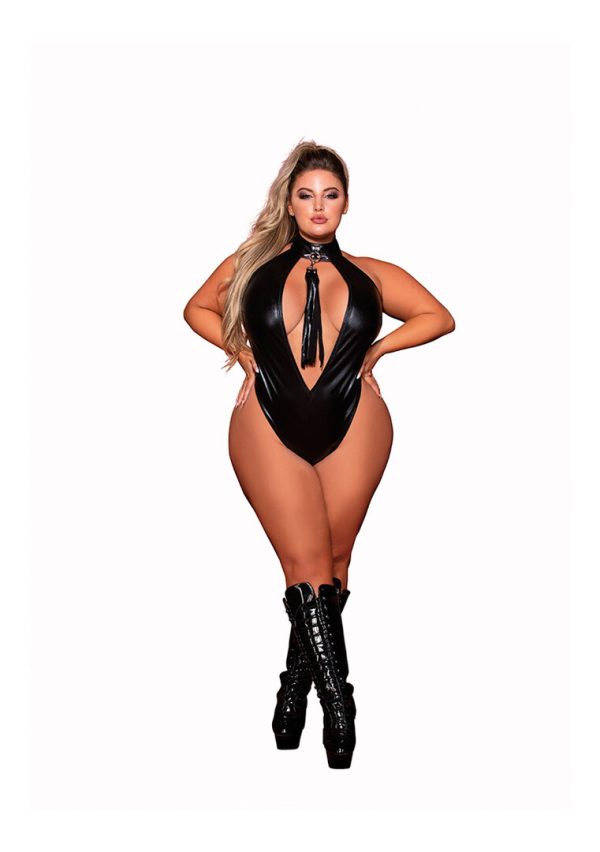 Faux Halter Teddy with Flogger - Plus Size - Black