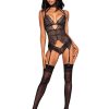 Lace Garter Teddy - L - Black