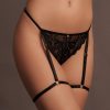 Marie - Lace Thong with Garter Adjustable Sliders and Golden Details - One Size - Black