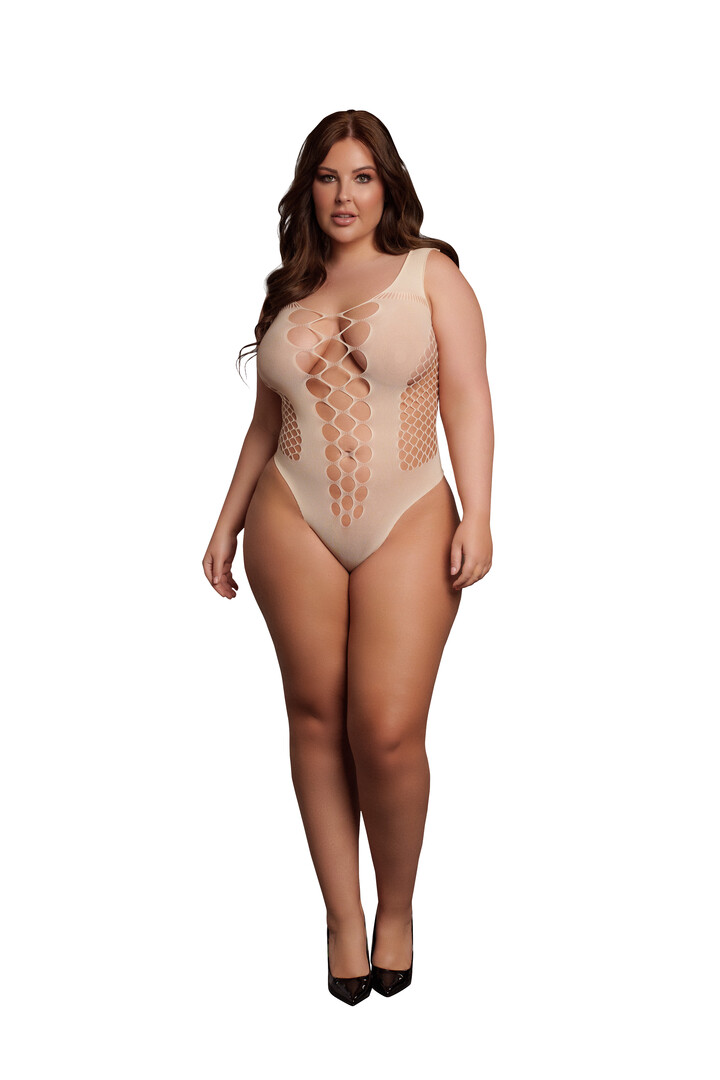 V-Neck Teddy with Opaque Panels - Queen Size - Nude