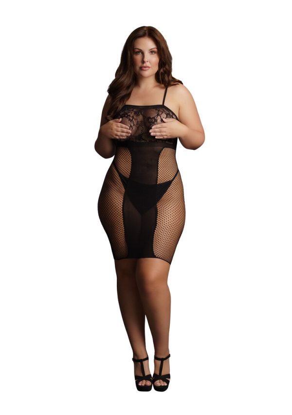 Knee-Length Lace and Fishnet Dress - Queen Size - Black