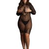 Long Sleeve Fishnet Dress - Queen Size - Black