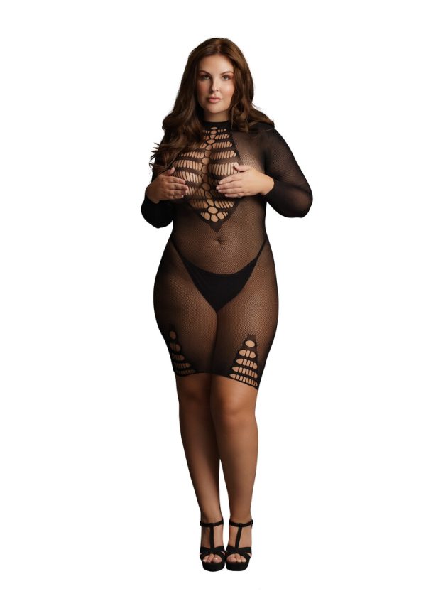 Long Sleeve Fishnet Dress - Queen Size - Black