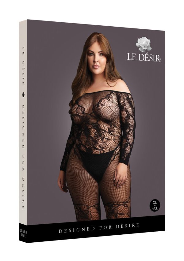 Off shoulder bodystockingLong sleevesLace pattern that shapes body and stockingsOpen crotchBias tape finish/