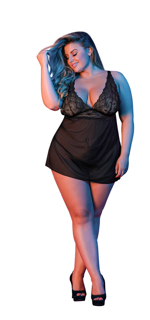 Babydoll with Open Back and G-String Set - 2X - Black