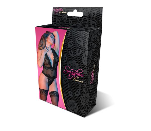 Deep-V neckCombination Lace and MeshRomatic vibeStretchyThong back/