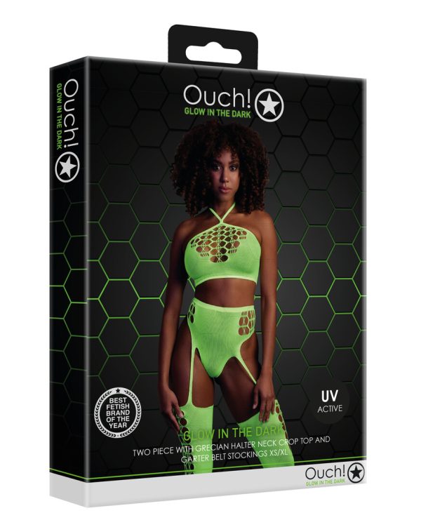 Vibrant Crop Top: The Neon Two-Piece with Crop Top and Stockings is a vibrant ensemble that includes a striking crop top