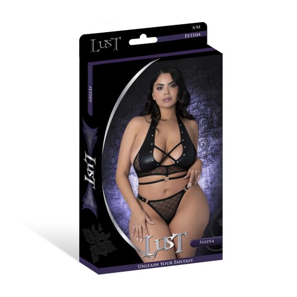 Halter top with satin elastic straps on bust and waist Nickel plated Metal Studs Cire  Mesh fabricationsNickel plated ring thong with high cut legs included /
