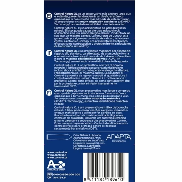CONTROL Adapta Nature 12-Pack Large Size Natural Latex Condoms XL. Product details include formula