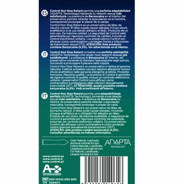 Control Non Stop Retard 12-Pack Latex Delay System Condoms 54mm. Product details include formula