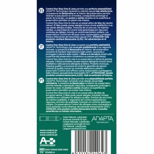 Control Nonstop Dots & Lines Latex Condoms 12 pcs Anatomical Fit 53mm. See formula