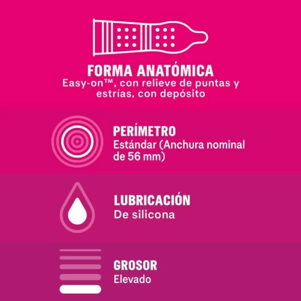 Durex Dame Placer 12-Pack Premium Latex Textured Condoms 56mm. Product details include formula
