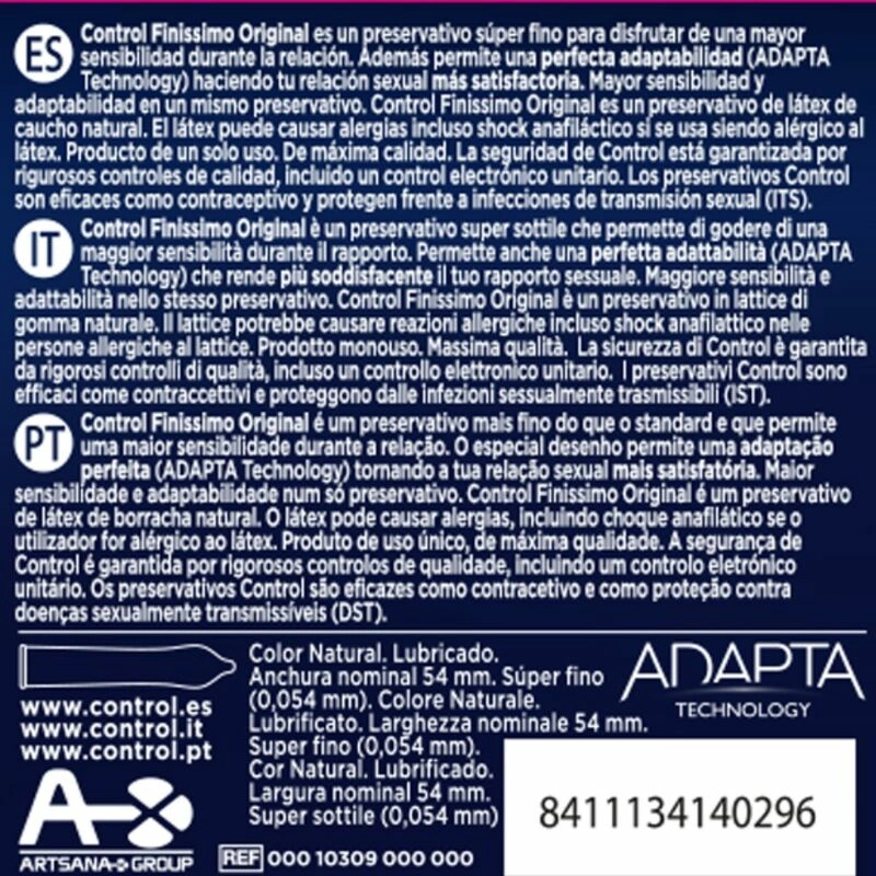Control Finissimo Ultra-Thin Ergonomic Latex Condoms 3-Pack - Anelma Control Finissimo Ultra-Thin Ergonomic Latex Condoms 3-Pack 54mm. Product details include formula