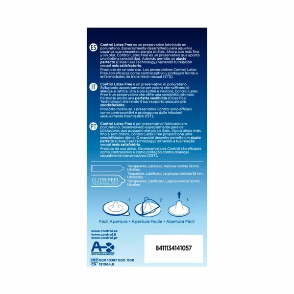 CONTROL Free Polyurethane Ultra-Thin Latex-Free Condoms 5-Pack 58mm. Product details include formula