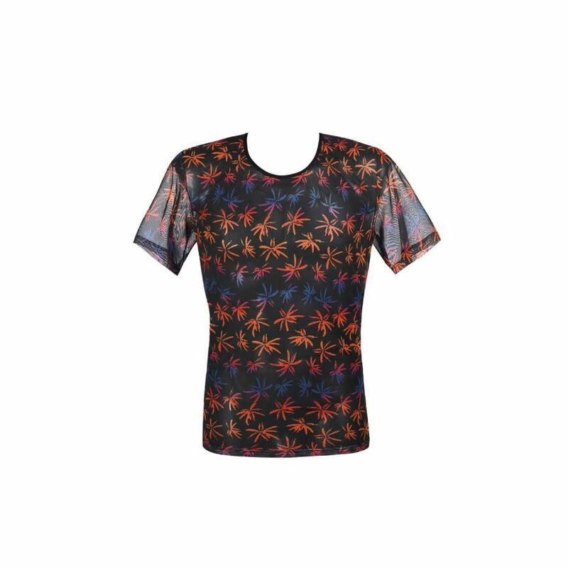 ANAIS MEN CHILL Black Mesh T-Shirt with Colorful Palm Print