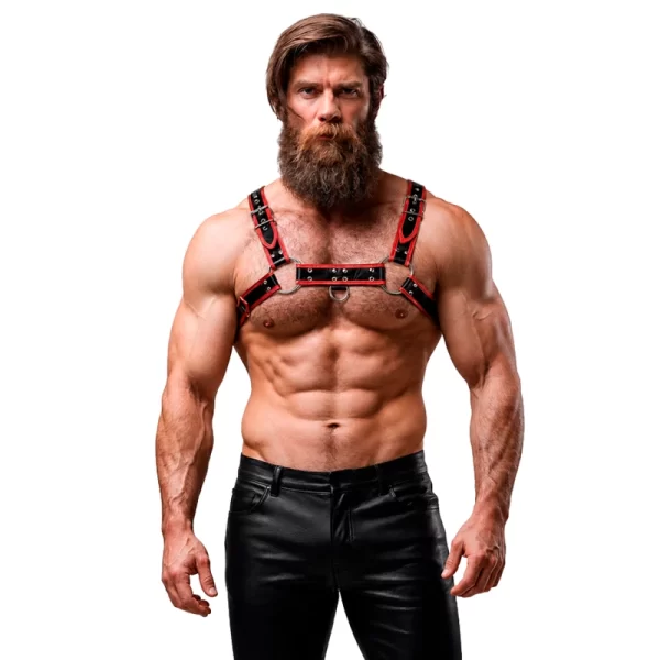 Fetish Submissive Attitude Men's Chest Harness Eco-Leather Black/Red Adjustable