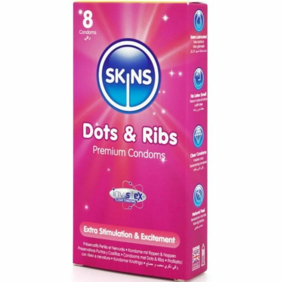 Skins Dots & Ribs Premium 8-Pack Textured Latex Condoms - Anelma Skins Dots & Ribs Premium 8-Pack Textured Latex Condoms Vanilla Scent. See formula