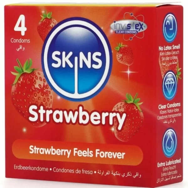 Skins Strawberry Premium Latex Condoms 4-Pack - Extra Lubricated