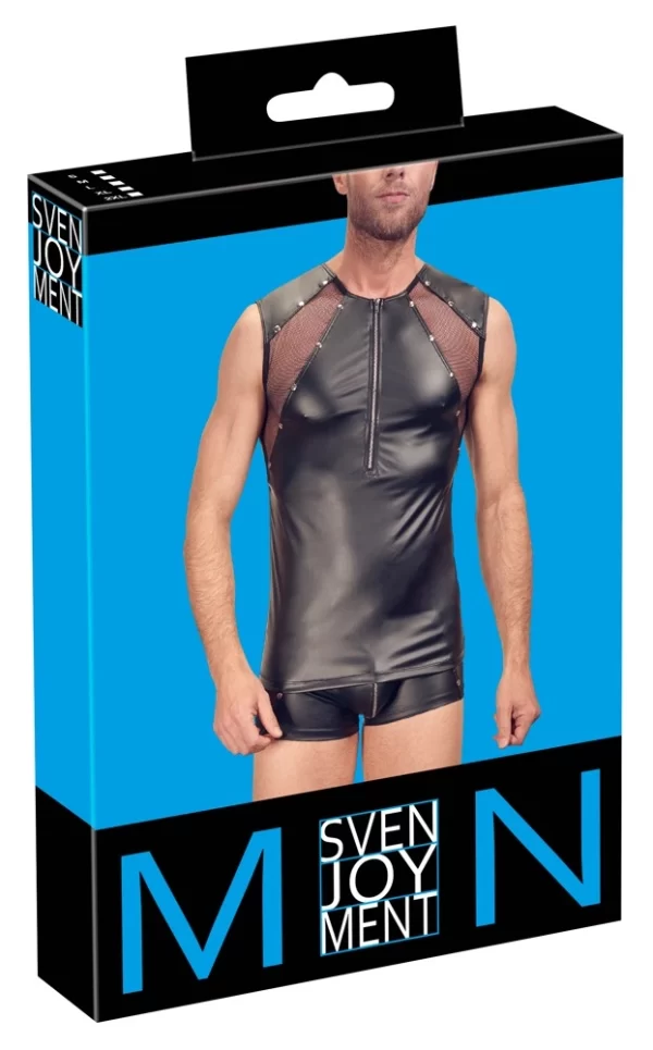 Svenjoyment Men's Shirt Black Matte Look Mesh Studded Zip Front