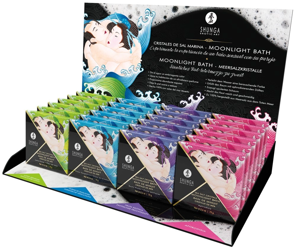Shunga Sea Salt Crystals Moonlight Bath Display 24x75g Assorted Scents - Anelma Shunga Sea Salt Crystals Moonlight Bath Display 24x75g