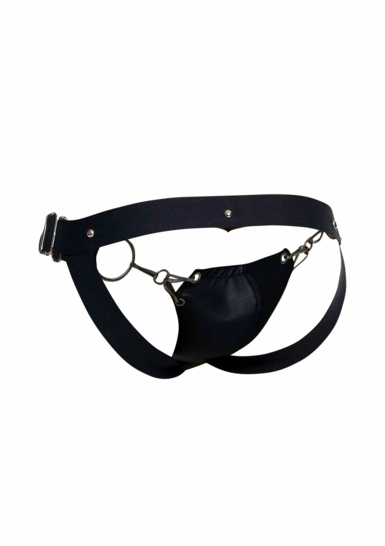 DNGEON Snap Jockstrap Black Faux Leather Chain-Link Front. Men underwear