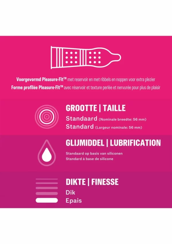 Durex Pleasure Me 6x10 Textured Condoms with Ridges and Studs. Product details include formula