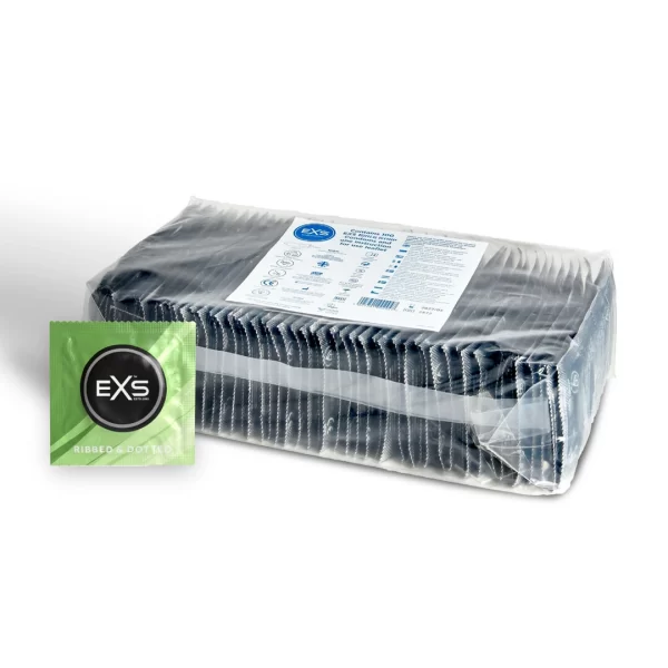 EXS 3 in 1 Ribbed Dotted Flared 100-Pack Anatomical Latex Condoms. Product details include formula