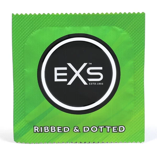 EXS 3-in-1 Ribbed & Dotted Flared Latex Condoms 12-Pack 56mm. Product details include formula
