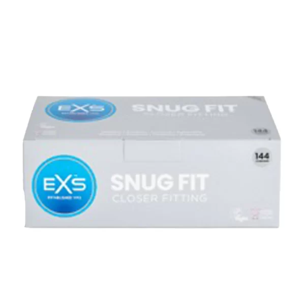 EXS Snug Fit Ultra-Thin Secure Latex Condoms 49mm 144-Pack. Product details include formula