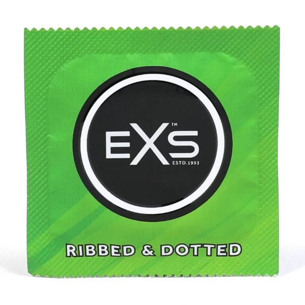 EXS Ribbed & Dotted Flared Condoms 56mm 3-Pack Silicone Lubricated. Product details include formula